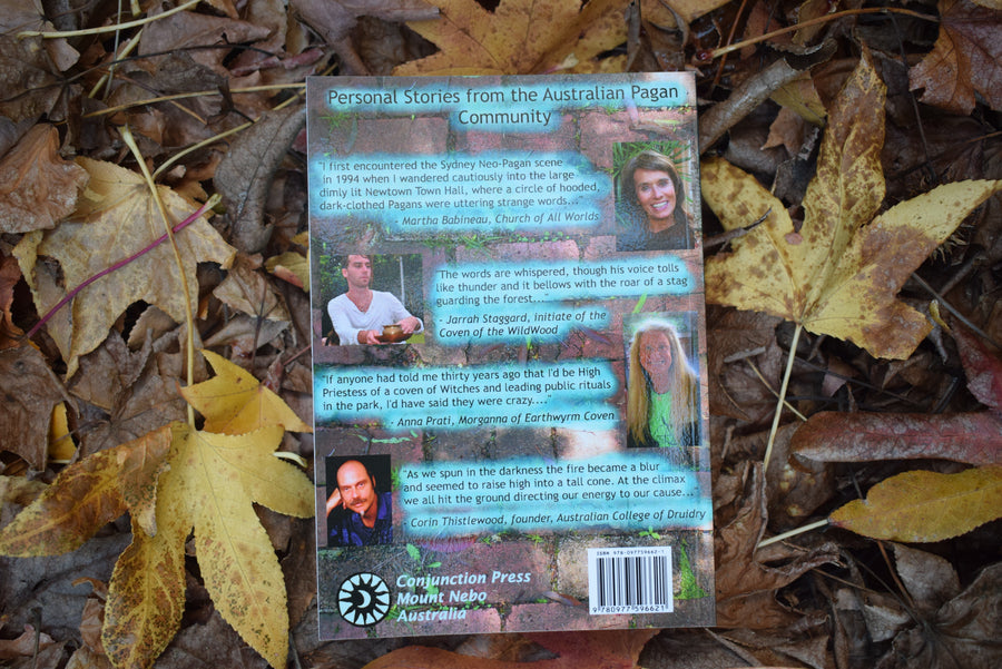 The back cover of a book titled Crafting the Community Edited by Gede Parma resting on a bed of leaves