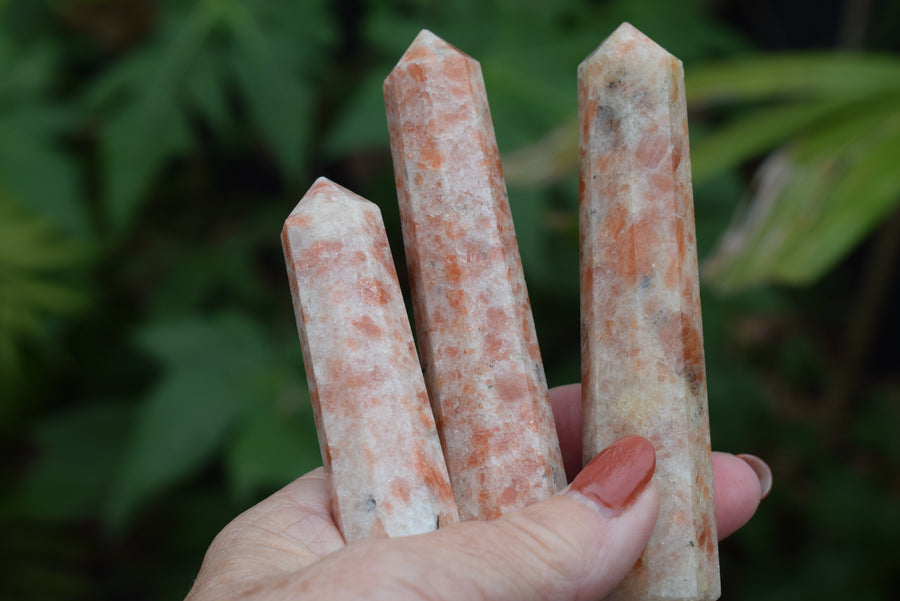 Hand holding 3 sunstone, heliolite or aventurescent crystal wands, points, towers or obelisks with green plants in background