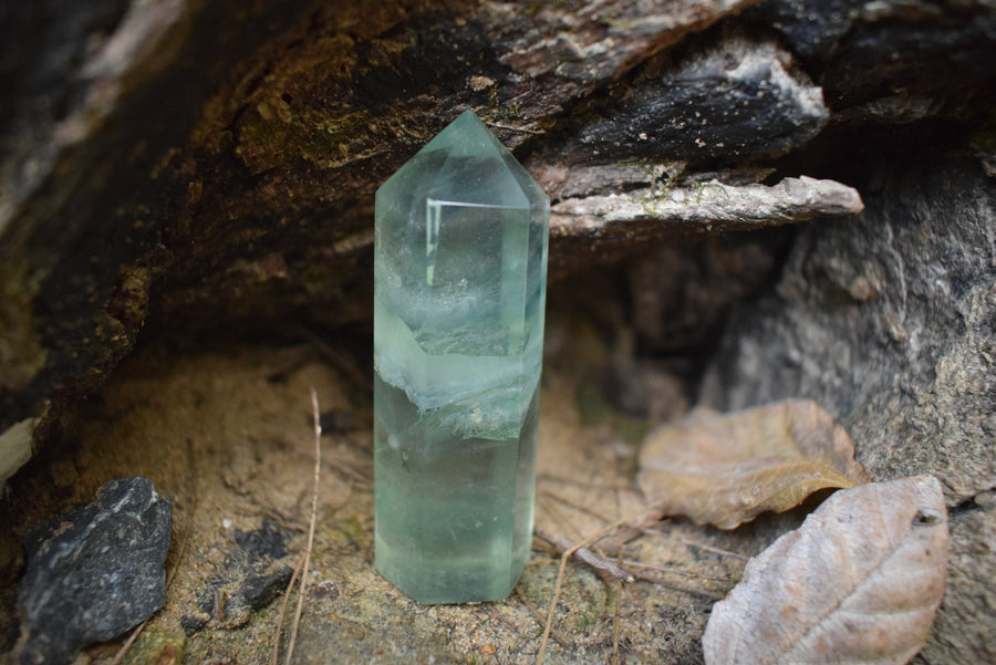 A fluorite crystal point of green nestled amongst a log