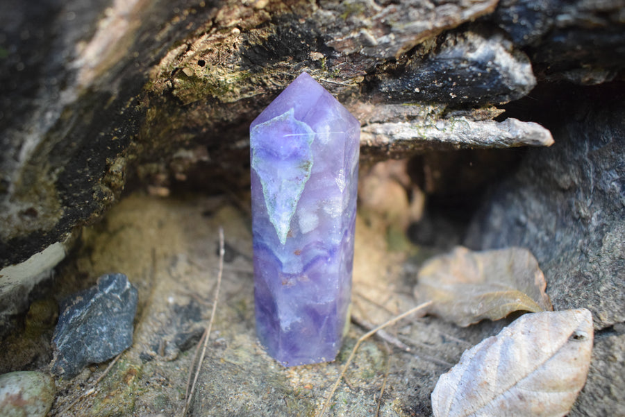 A purple fluorite crystal point nestled amongst a log