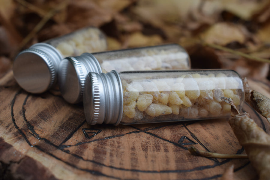 Three glass vials of frankincense resin resting on a wooden pentagram trivet nestled in a bed of autumn leaves