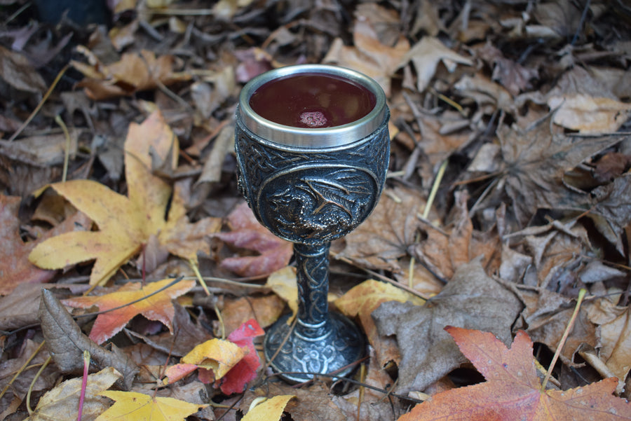 A goblet with a 3d black dragon rests filled with red wine on a bed of autumn leaves