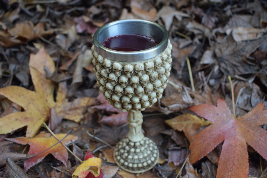 A goblet with skulls all over it sits filled with wine on a bed of autumn leaves
