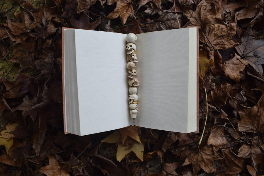 An open leather-bound book with a pen of skulls resting in it nestled on a bed of autumn leaves