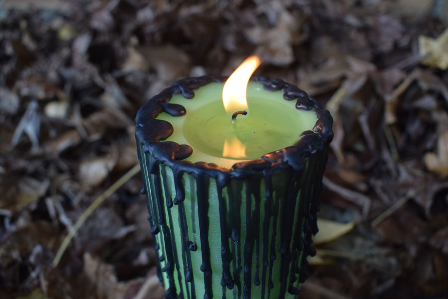 A green pillar candle with black drips sits with its wick aflame on a wooden pentagram disk nestled on a bed of autumn leaves.