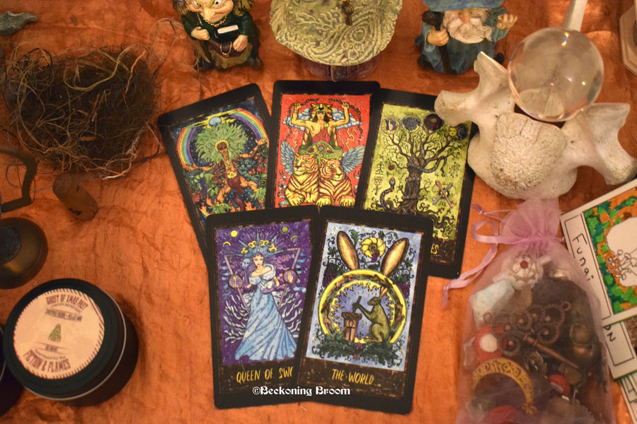 Tarot cards sitting on an altar.