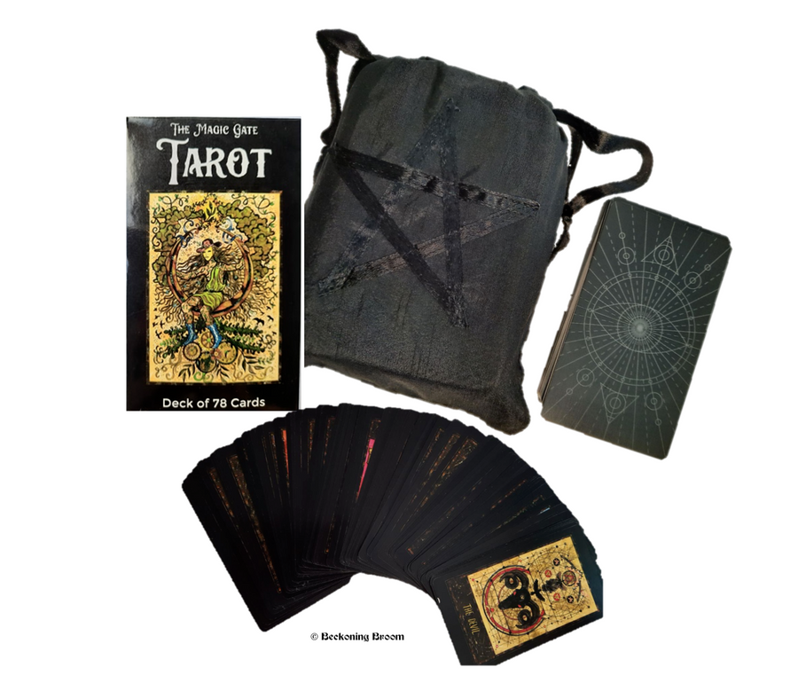 A deck of Magic Gate tarot cards sitting next to a pentagram pouch and tarot cards.