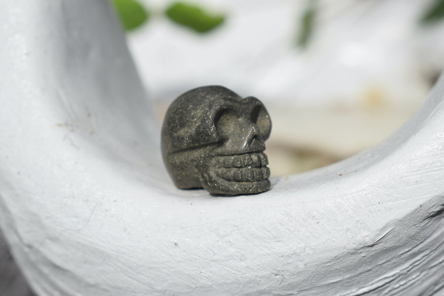 A mini human skull carved from gold pyrite sits on a white shell