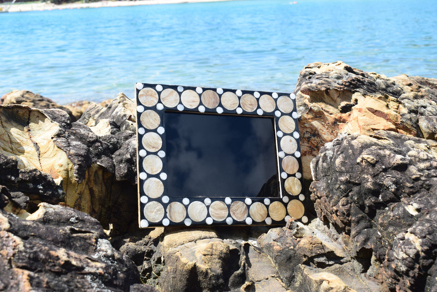 Gold Framed Black Mirror with Shell Shields for Scrying & Divination
