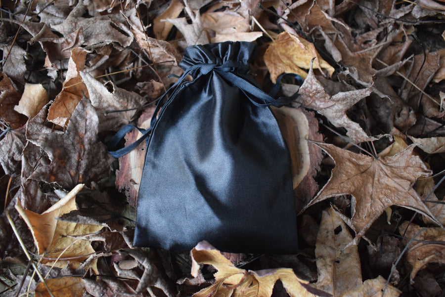 A black satin drawstring pouch sits nestled on a bed of autumn leaves.