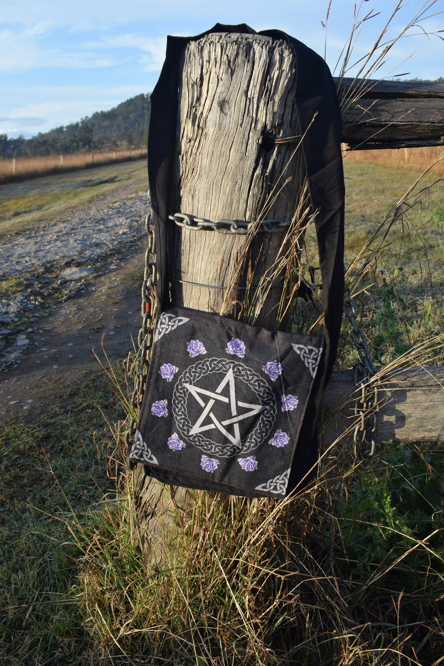 Black Pentagram Shoulder Bag With Celtic Knots And Purple Roses