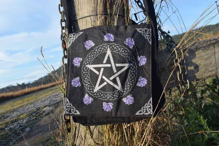 Black Pentagram Shoulder Bag With Celtic Knots And Purple Roses