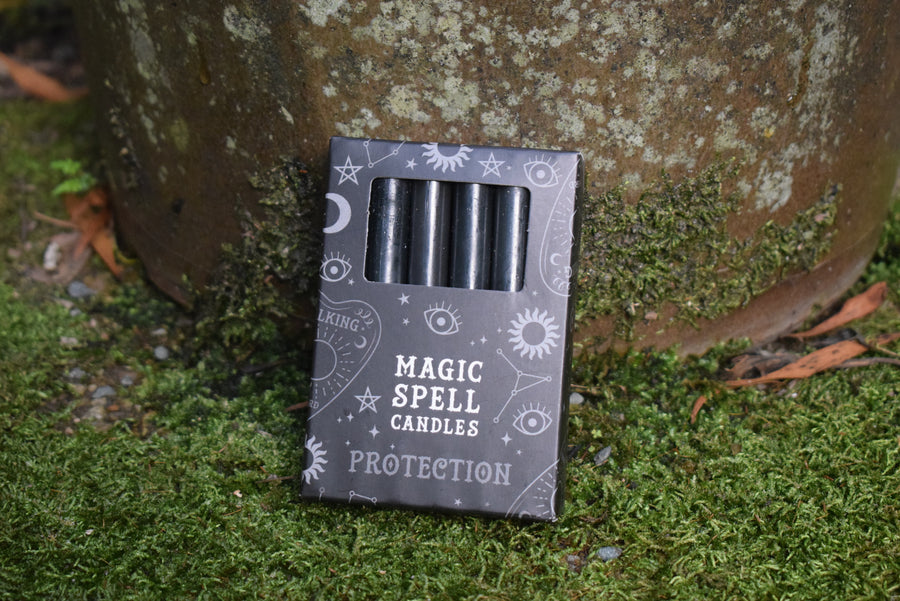 A packet of 12 taper candles in a box with Magic Spell Candles Protection written on the box. They rest on a carpet of moss.