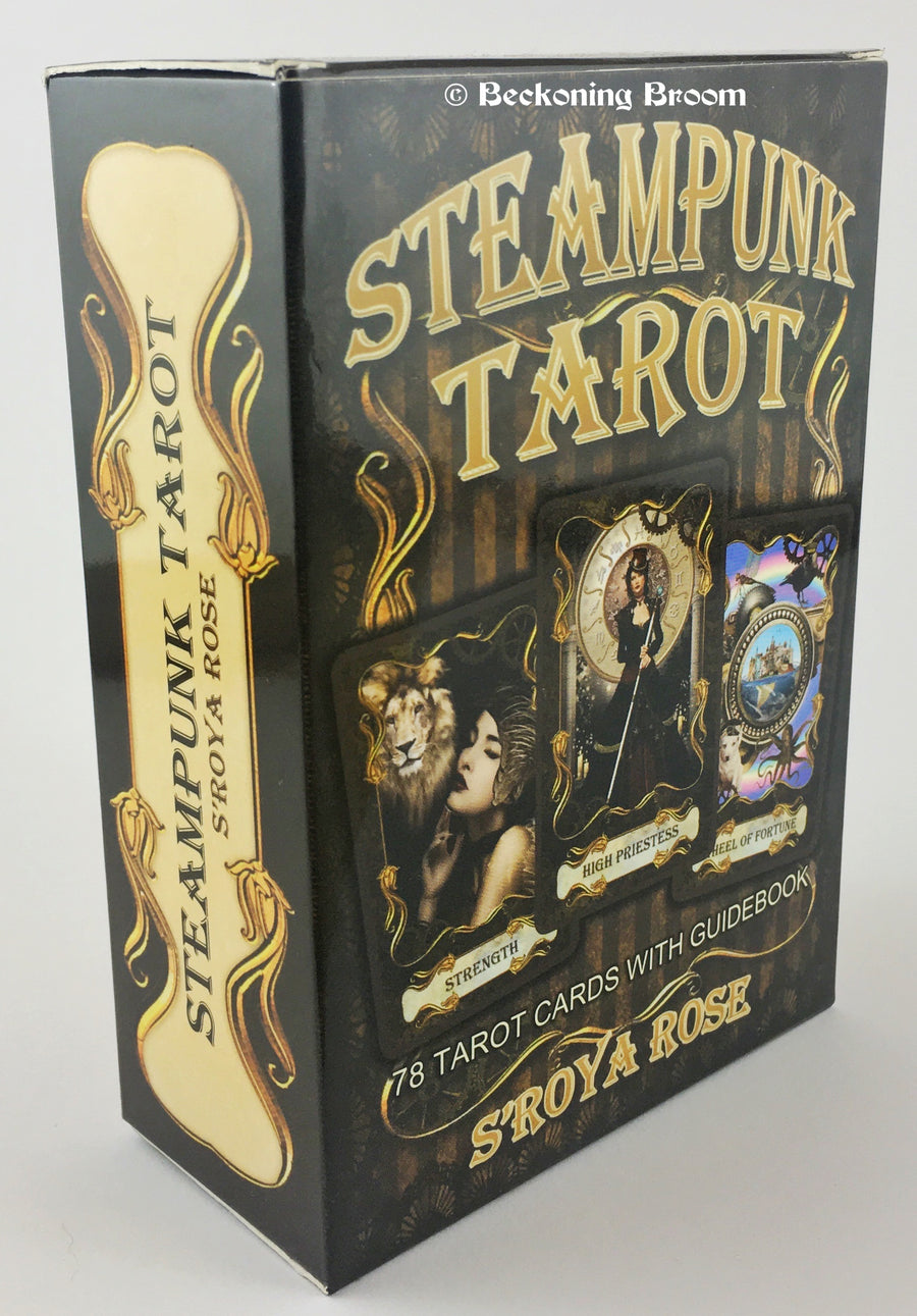 A tarot deck with Steampunk Tarot S'roya Rose written on the front.