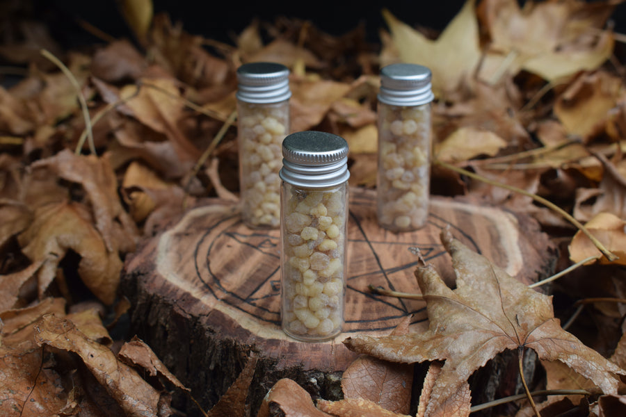 Three glass vials filled with frankincense tears or resin resting on a wooden disk with a pentagram pyrography on a bed of leaves