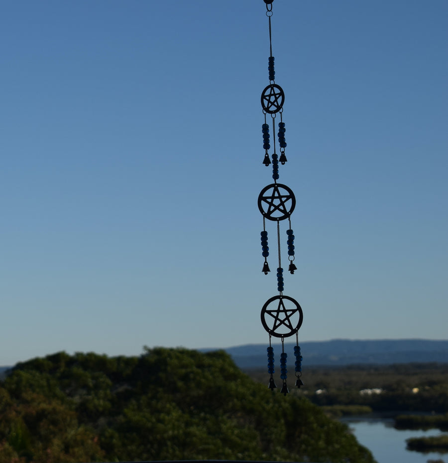 Long Metal Triple Pentacle Wind Chime with Sky Blue Beads and 7 Bells for Protection