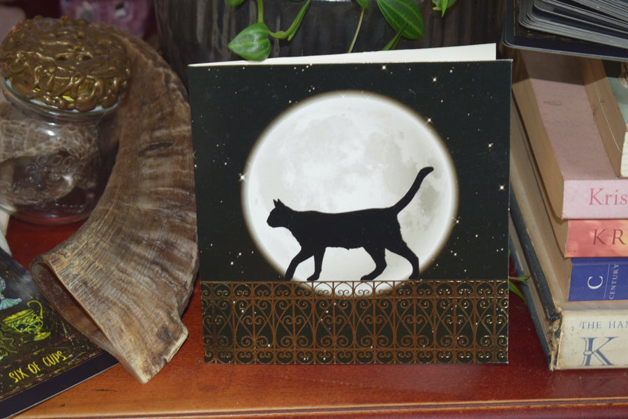 Black Cat Walking on Fence with Full Moon Blank Greeting Card & Envelope