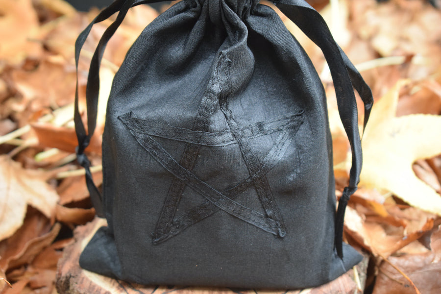 Black Fabric Pentagram Pouch Drawstring Magick Bag