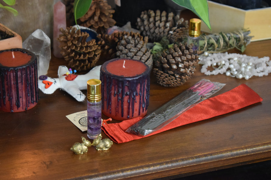 SMALL LOVE SPELL KIT Amethyst Witches Kiss Anointing Oil + Berry Passion Candle + Bronze Hare Familiar Figurine + Rose Incense Sticks + Come to Me Spell Instructions + Midnight Suitcase