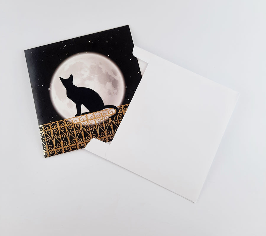 Black Cat Sitting on Fence with Full Moon Blank Greeting Card & Envelope