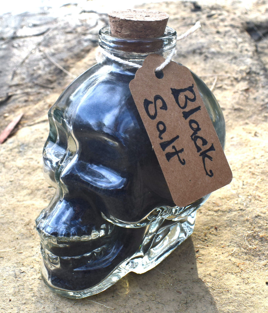 Medium Handmade Ritual Black Salt in Glass Skull Jar