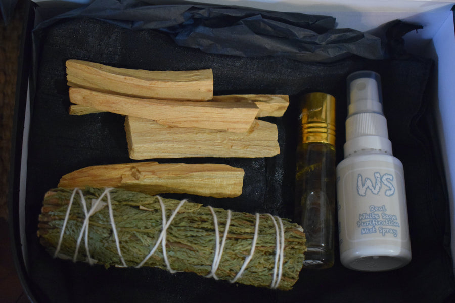 SMUDGE KIT Palo Santo Sticks + White Sage Spray + White Sage & Cedar Smudge Stick + Witches Blood Anointing Oil + Pentagram Drawstring Fabric Pouch + Midnight Suitcase