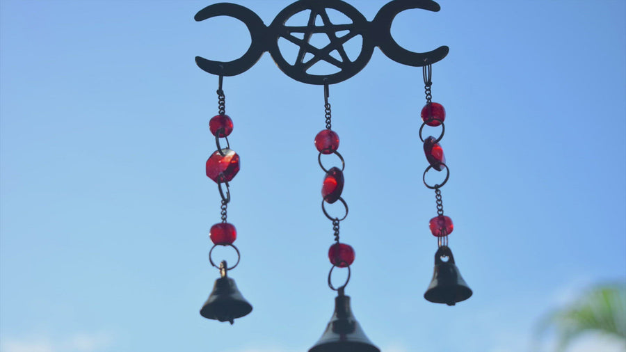 Maiden Mother Crone Hanging Red Wind Chime with Pentacle Protection