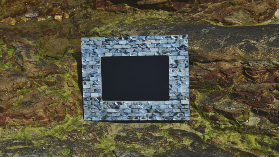 Handcrafted Black Mirror Rectangulum with Abalone Seashell Tiles For Scrying