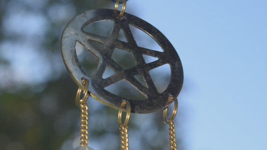 Long 3 Tier Pentacle Wind Chime with Multicoloured Pearlescent Beads and 7 Bells for Protection