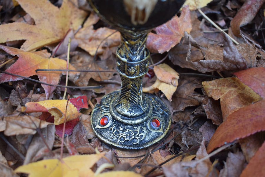 The base of a goblet with a red jewels adorns the outside as it sits on a bed of autumn leaves