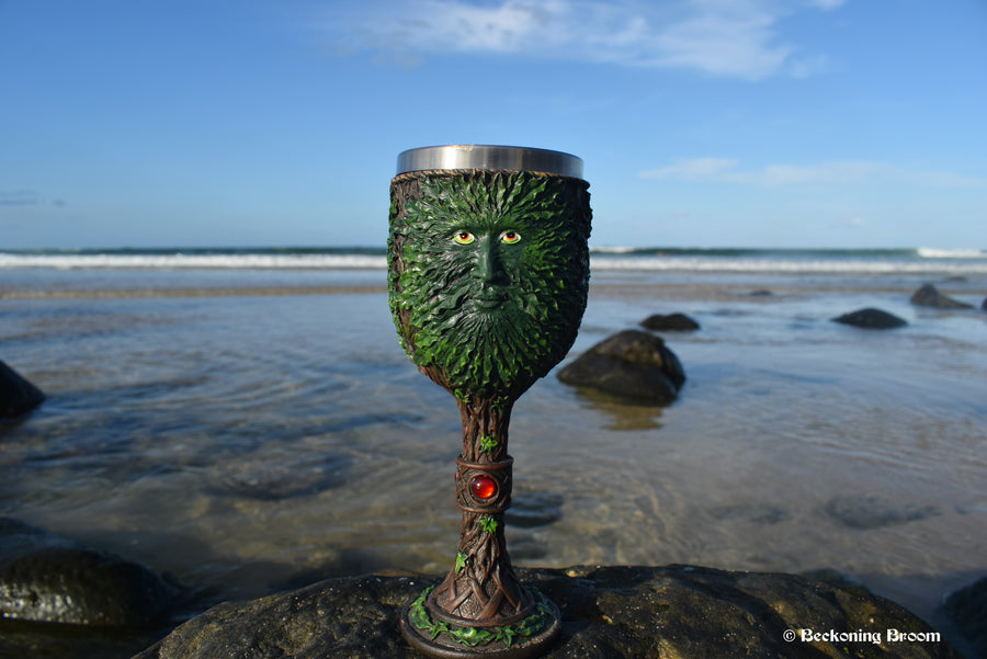 A goblet depicting the green man rests on a rock with the ocean in the background.