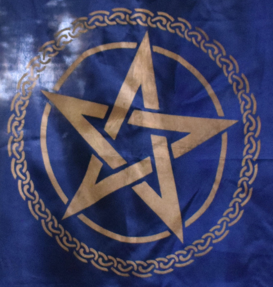 Large royal blue altar cloth, witches flag tapestry with gold tree of life celtic knot encircling a gold pentagram pentacle