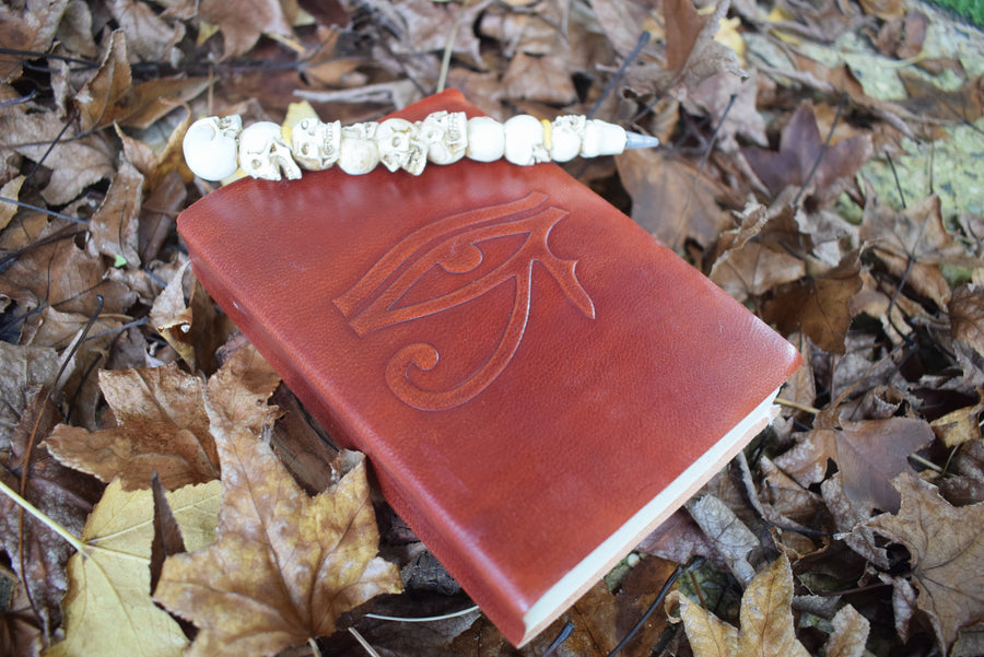 A leather-bound book of shadows with an eye of horus embossed on the cover with a pen of skulls resting on it surrounded by a bed of autumn leaves