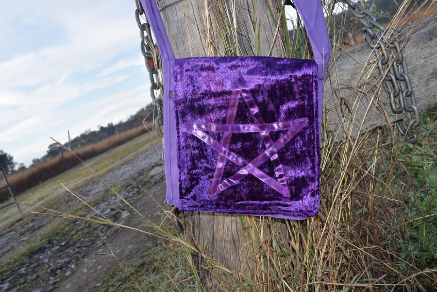 Mystic Purple Plush Velvet Fabric PENTAGRAM SHOULDER BAG Book Tote