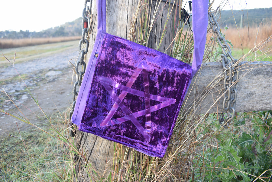 Mystic Purple Plush Velvet Fabric PENTAGRAM SHOULDER BAG Book Tote