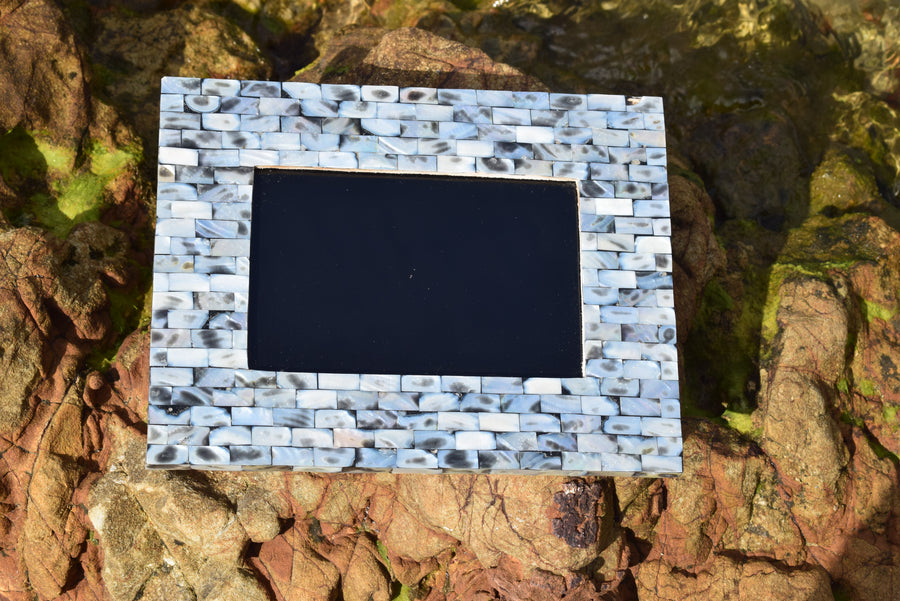 Handcrafted Black Mirror Rectangulum with Abalone Seashell Tiles For Scrying