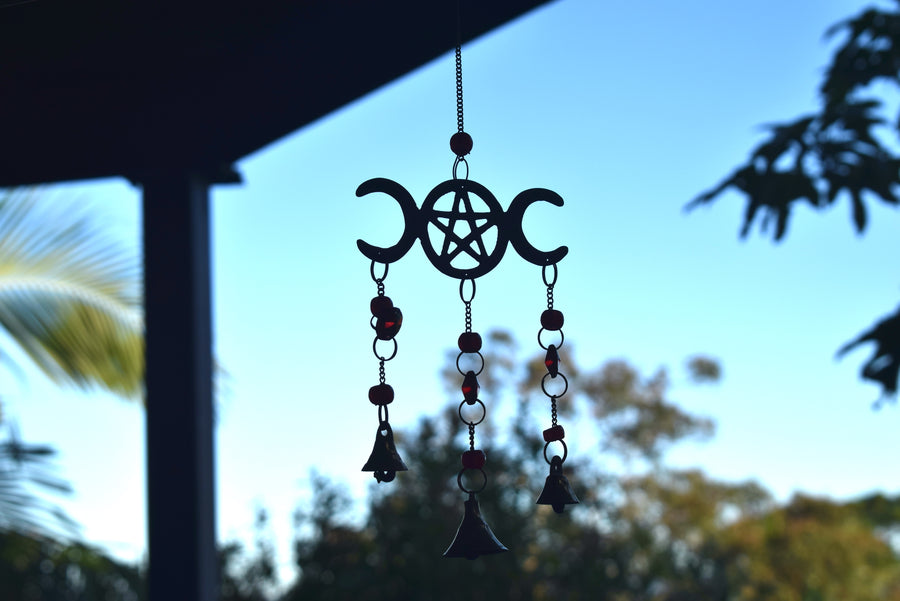 Maiden Mother Crone Hanging Red Wind Chime with Pentacle Protection