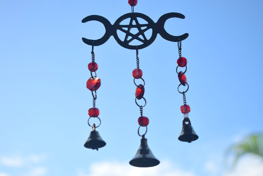 Maiden Mother Crone Hanging Red Wind Chime with Pentacle Protection