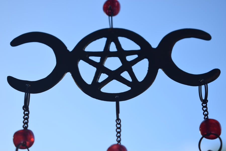 Maiden Mother Crone Hanging Red Wind Chime with Pentacle Protection