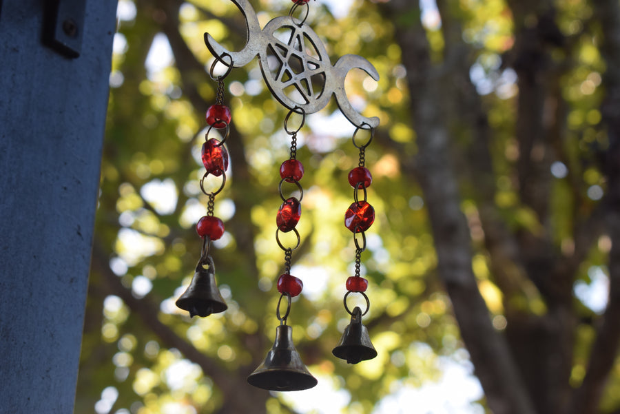 Maiden Mother Crone Hanging Red Wind Chime with Pentacle Protection