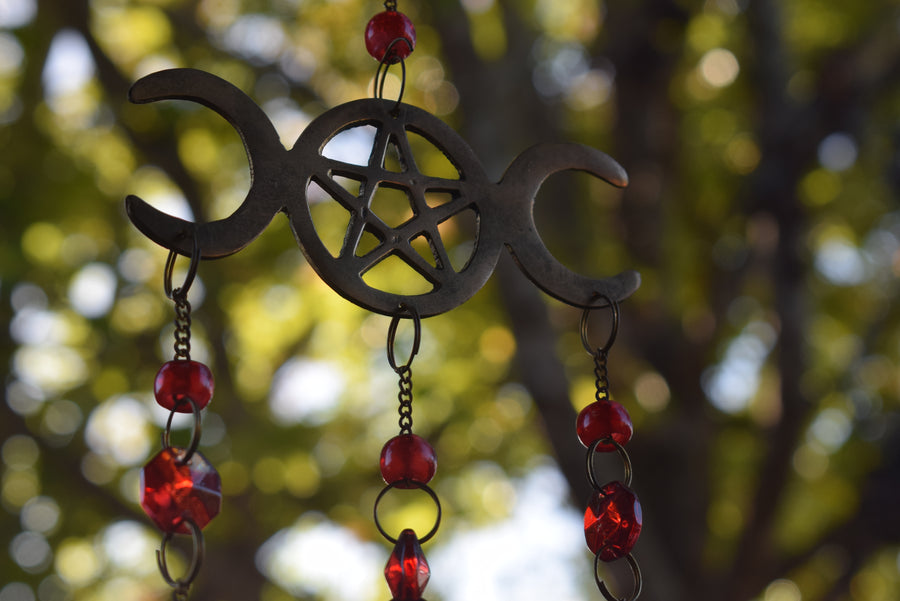 Maiden Mother Crone Hanging Red Wind Chime with Pentacle Protection