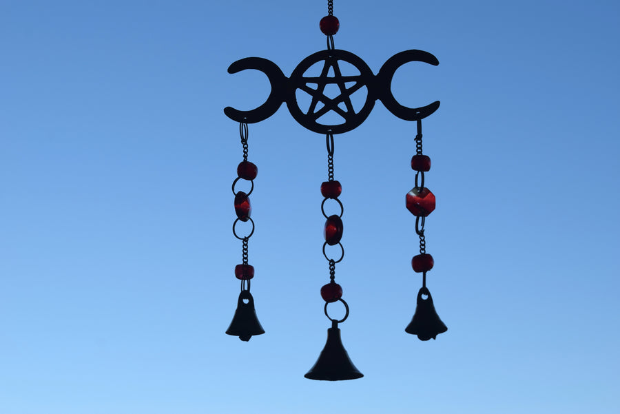 Maiden Mother Crone Hanging Red Wind Chime with Pentacle Protection