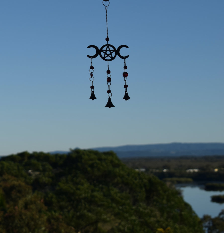 Maiden Mother Crone Hanging Red Wind Chime with Pentacle Protection