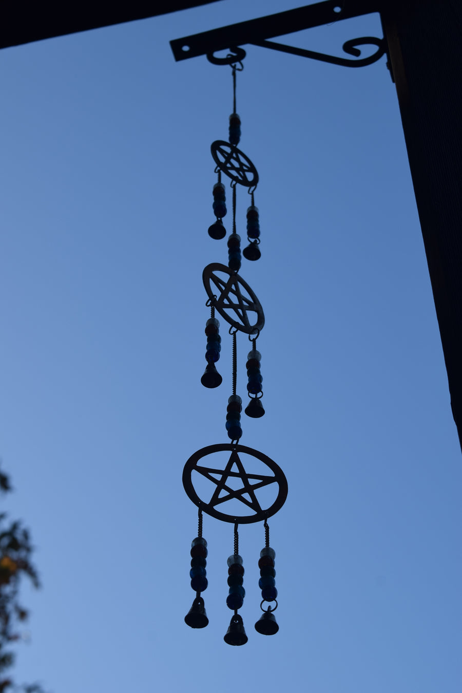 Long 3 Tier Pentacle Wind Chime with Multicoloured Pearlescent Beads and 7 Bells for Protection