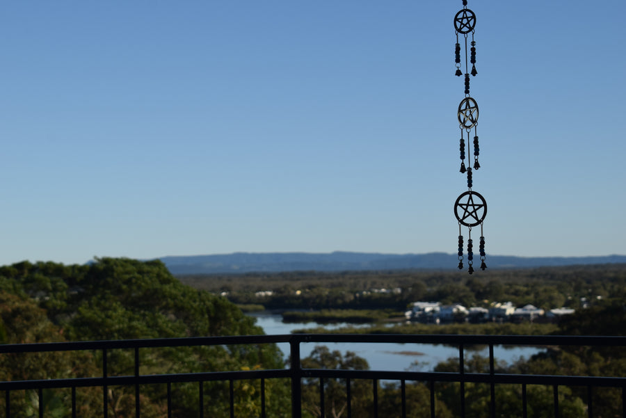 Long 3 Tier Pentacle Wind Chime with Multicoloured Pearlescent Beads and 7 Bells for Protection