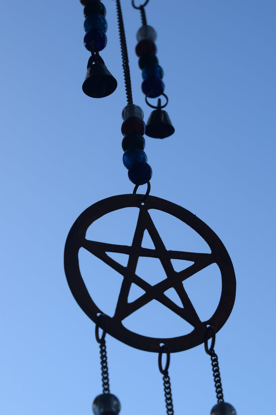 Long 3 Tier Pentacle Wind Chime with Multicoloured Pearlescent Beads and 7 Bells for Protection