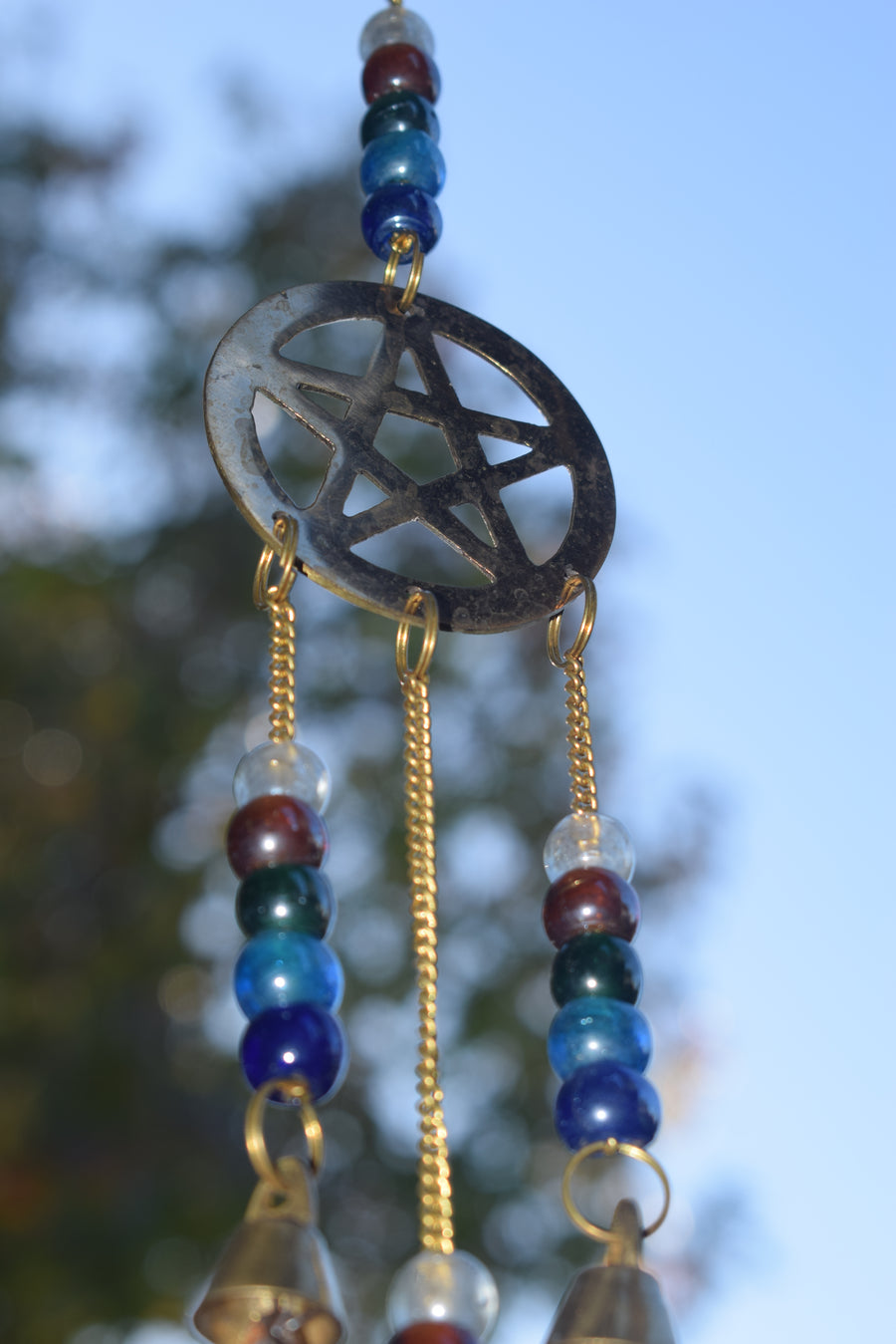 Long 3 Tier Pentacle Wind Chime with Multicoloured Pearlescent Beads and 7 Bells for Protection