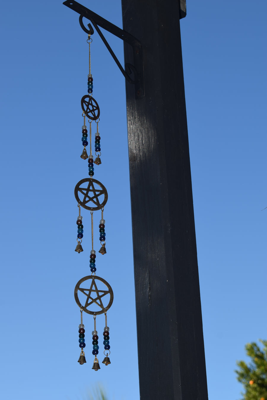 Long 3 Tier Pentacle Wind Chime with Multicoloured Pearlescent Beads and 7 Bells for Protection