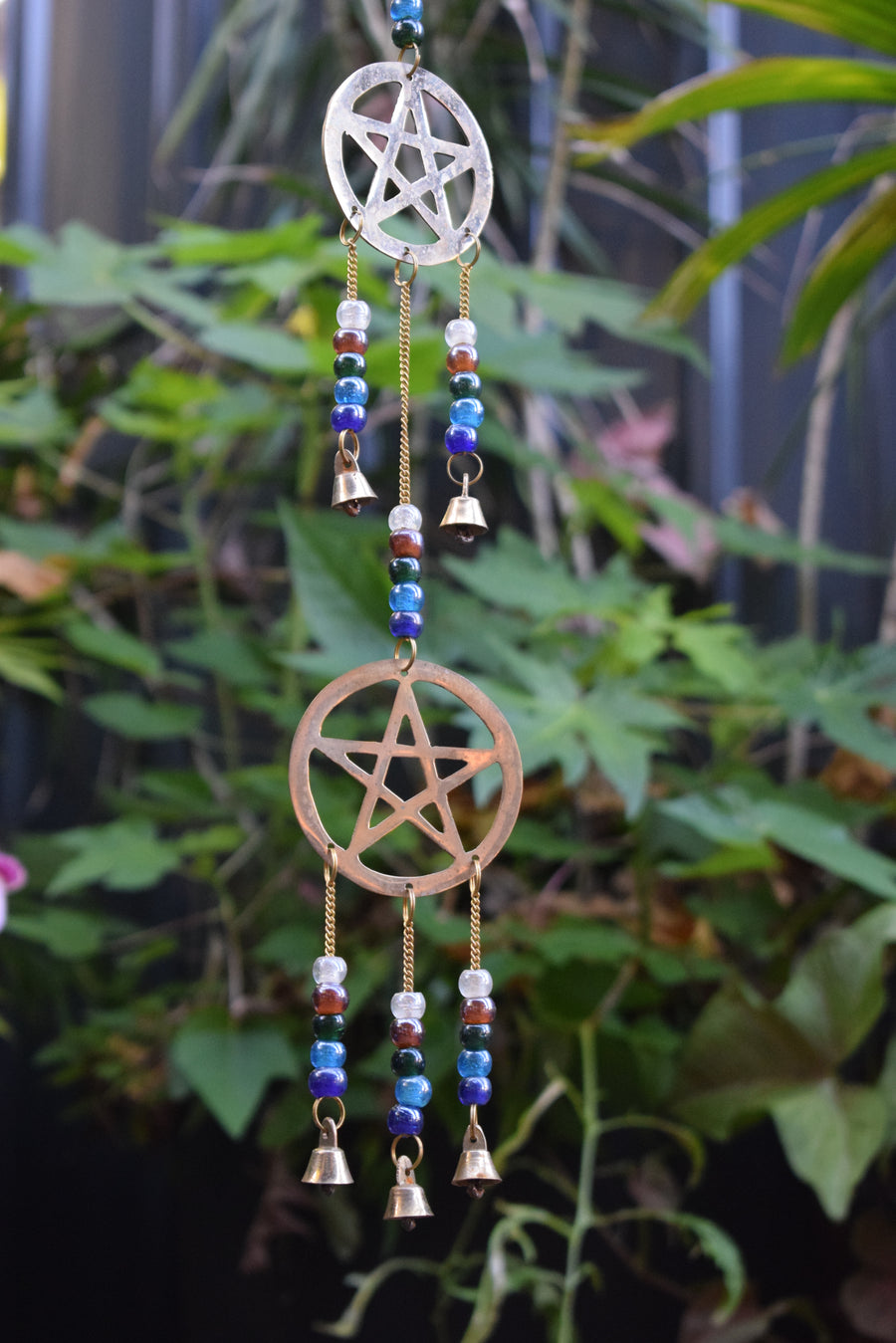 Long 3 Tier Pentacle Wind Chime with Multicoloured Pearlescent Beads and 7 Bells for Protection