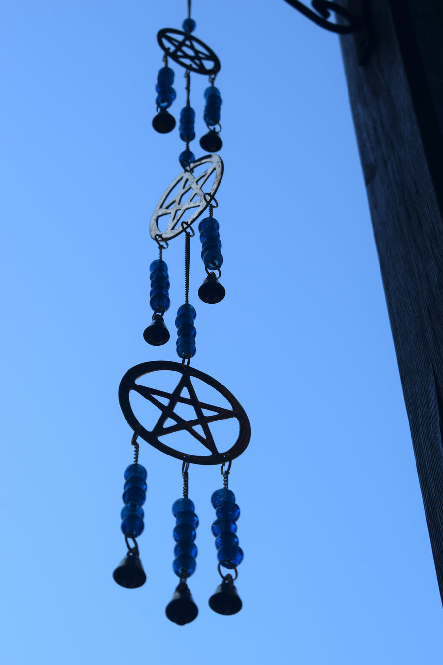 Long Metal Triple Pentacle Wind Chime with Sky Blue Beads and 7 Bells for Protection